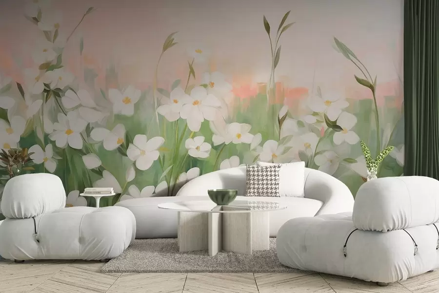 murales de pared Campo abstracto de flores silvestres con tallos y hojas verdes, sobre un cielo texturizado de color rosa pálido y blanco. w09297