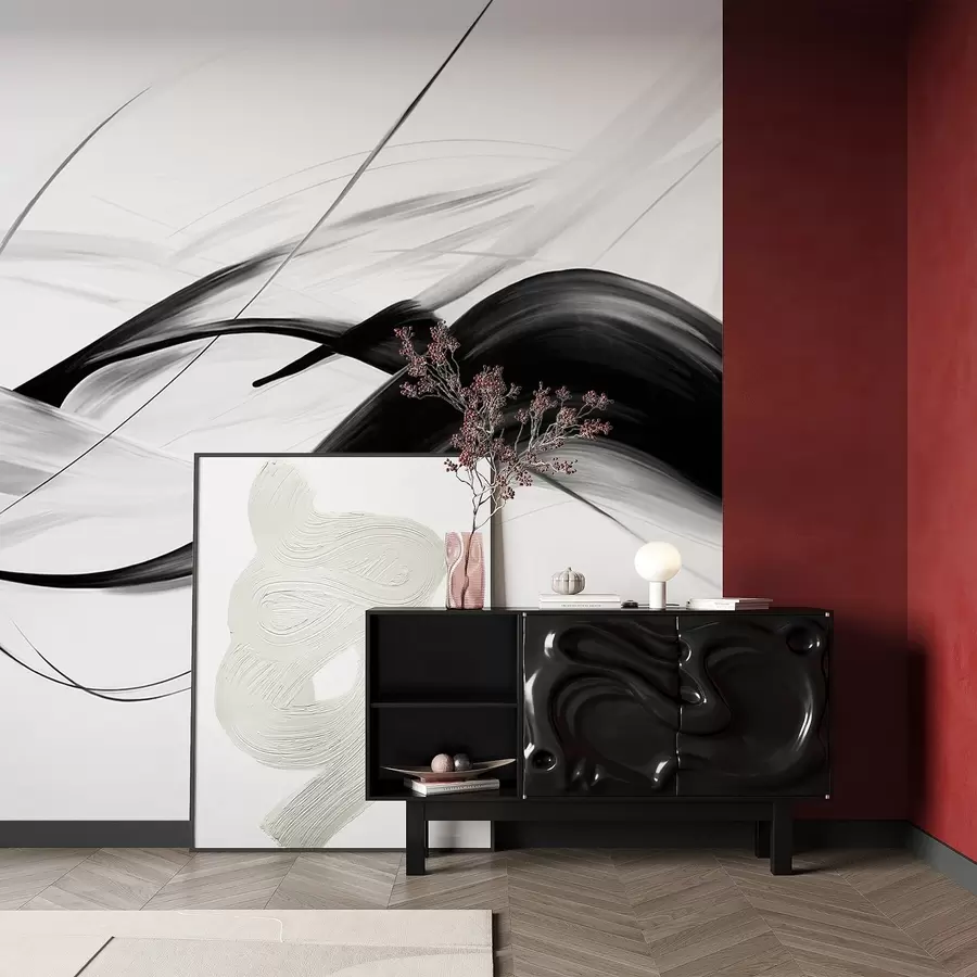 murales de pared Pinceladas abstractas en blanco y negro con líneas finas que crean un diseño moderno sobre un fondo claro. w09605