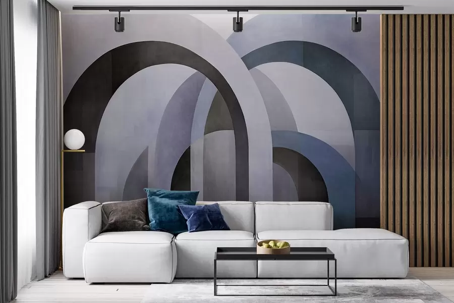 murales de pared Arcos geométricos abstractos con textura en tonos azules, negros y grises, un diseño arquitectónico moderno en capas. w09611v1