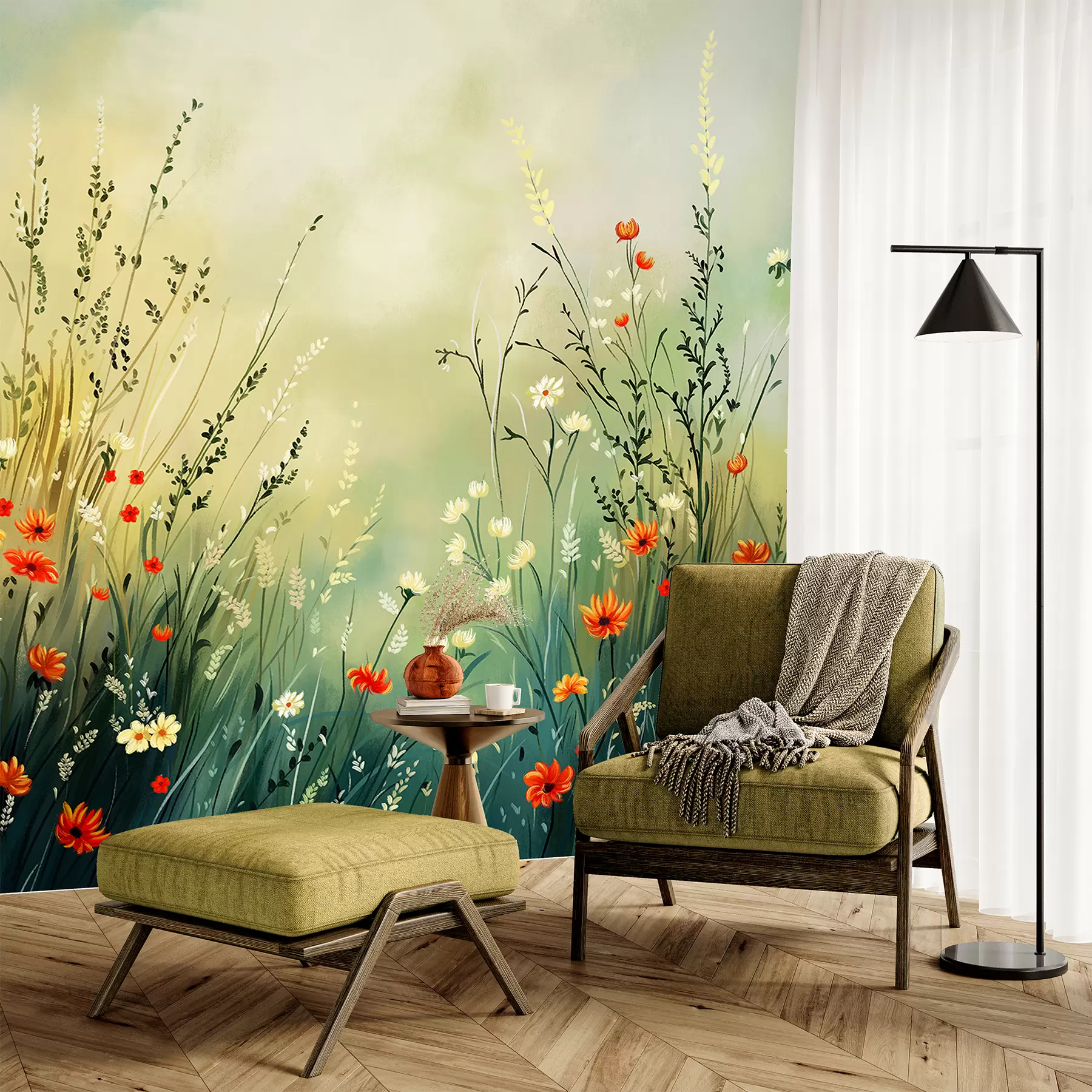 murales de pared Flores y hierbas del prado en un estilo pictórico suave. w05015