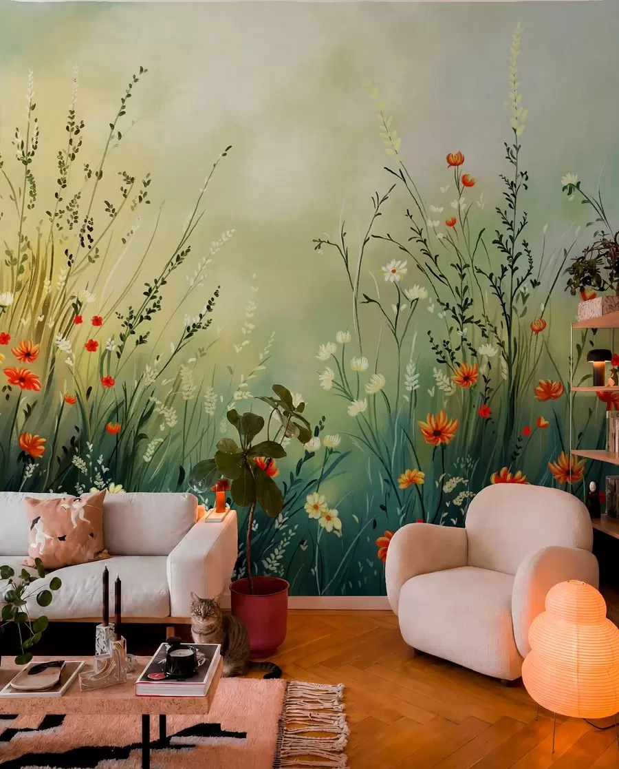 murales de pared Flores y hierbas del prado en un estilo pictórico suave. w05015