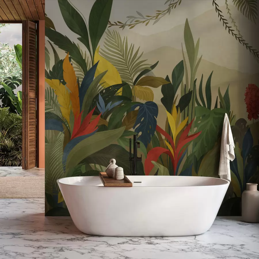 murales de pared Follaje tropical con hojas grandes y flores. w05019