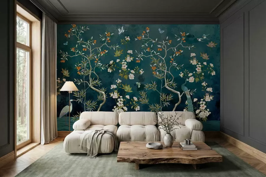 murales de pared Escena decorativa con árboles, flores y pájaros sobre fondo oscuro. w05004