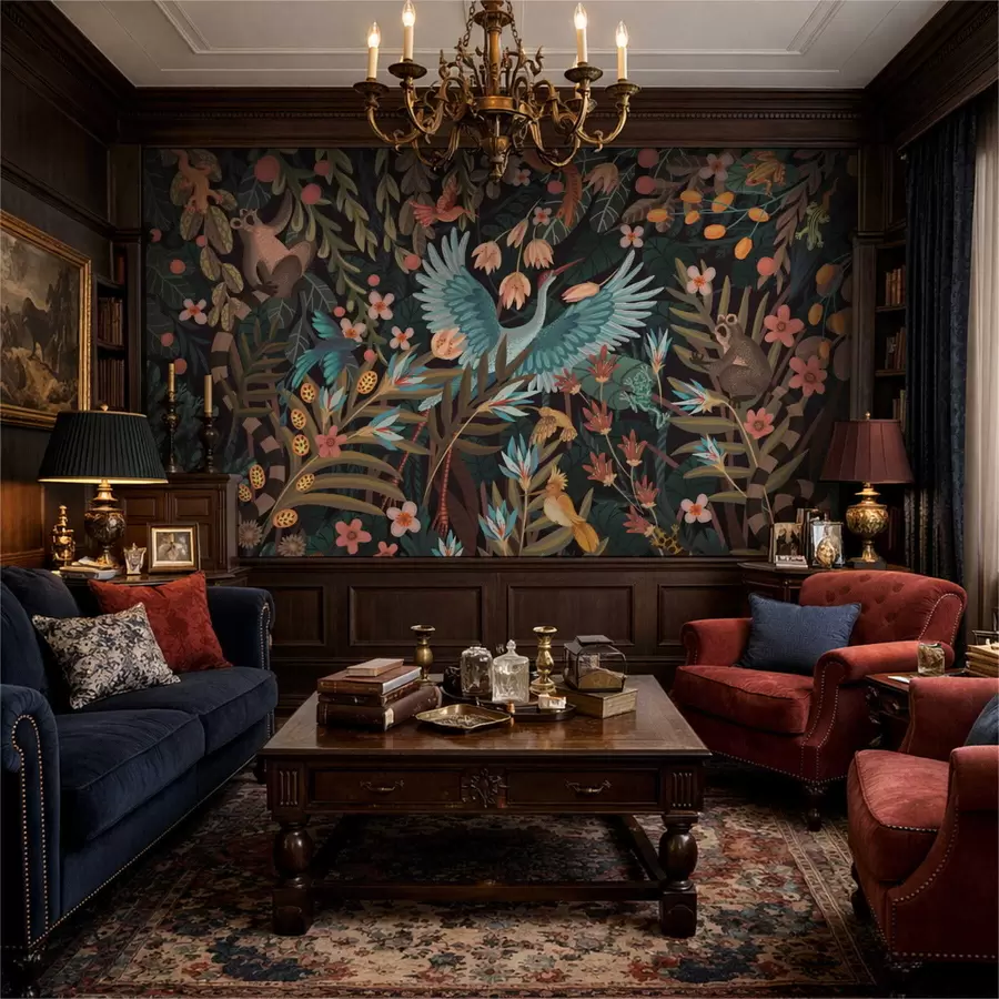 murales de pared Escena fantástica con pájaros y animales entre plantas w05024