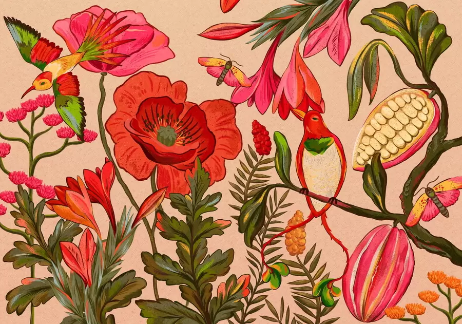 murales de pared Flores y pájaros decorativos sobre fondo beige w05036