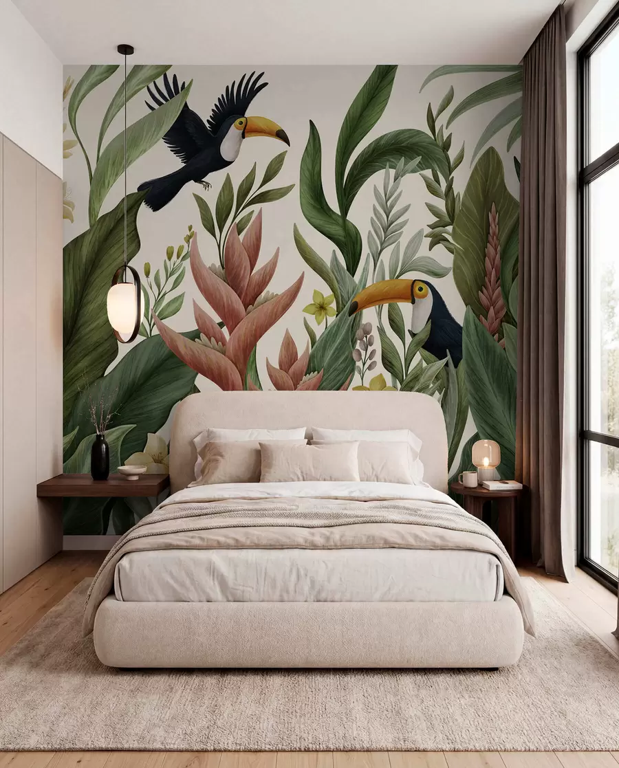 murales de pared Plantas tropicales y aves de pico grande sobre fondo claro w05088v1