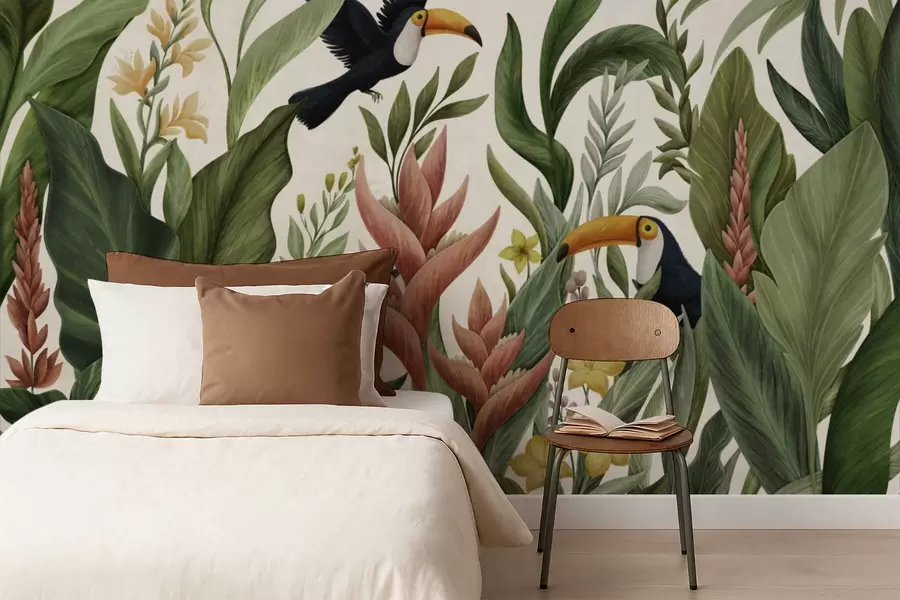 murales de pared Plantas tropicales y aves de pico grande sobre fondo claro w05088v1
