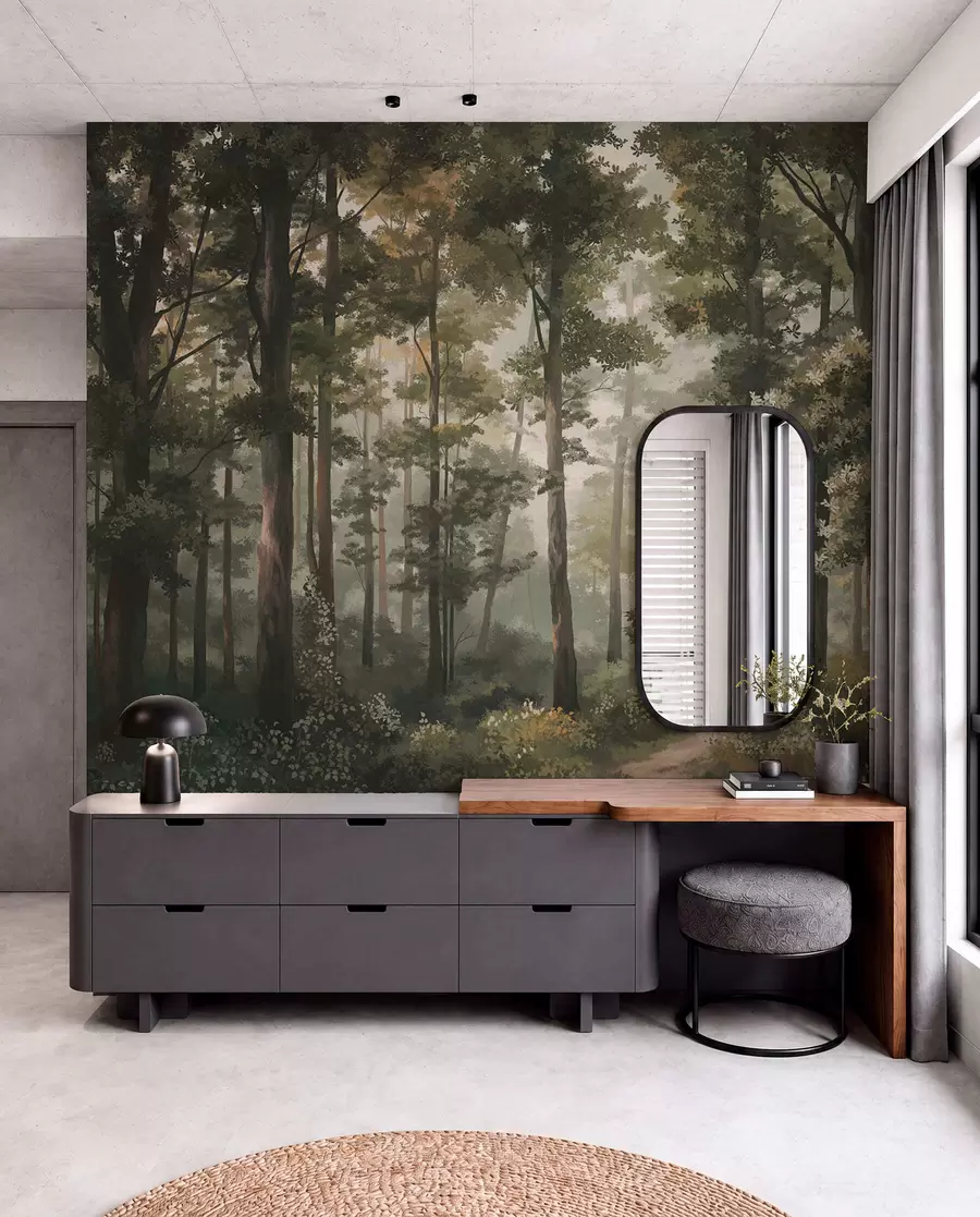 murales de pared Ilustración de un bosque con niebla, árboles altos y un sendero. w05089