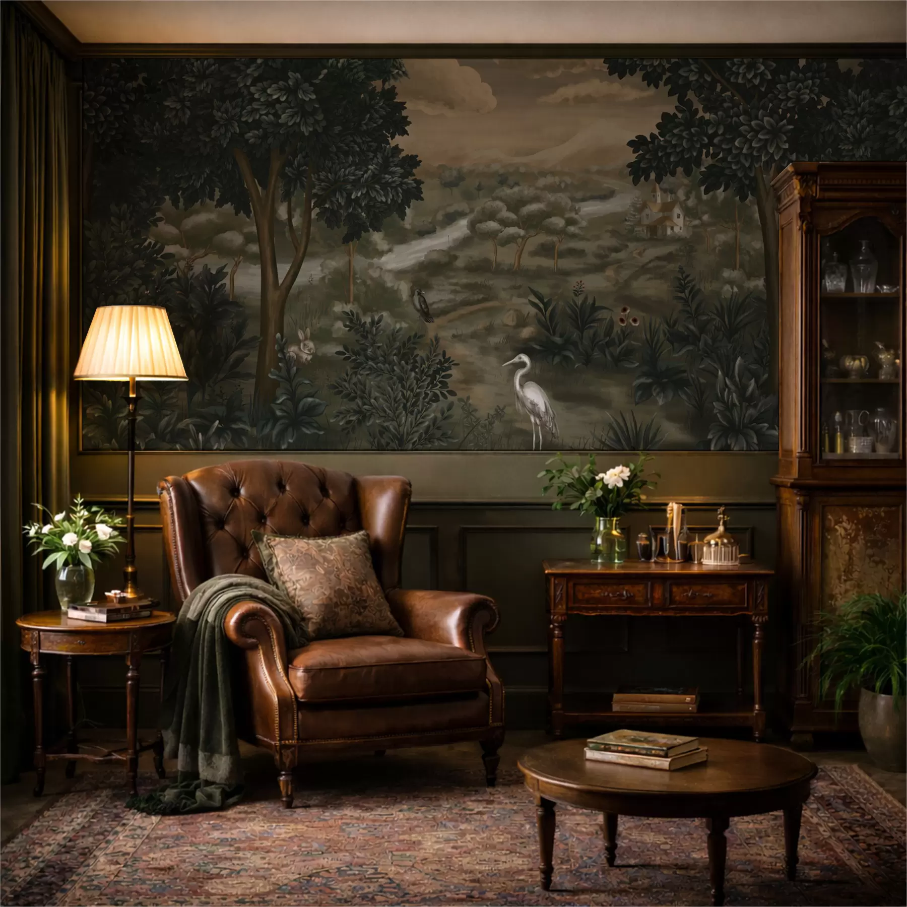 murales de pared Paisaje fantástico con río, casa y pájaros entre los árboles. w05090