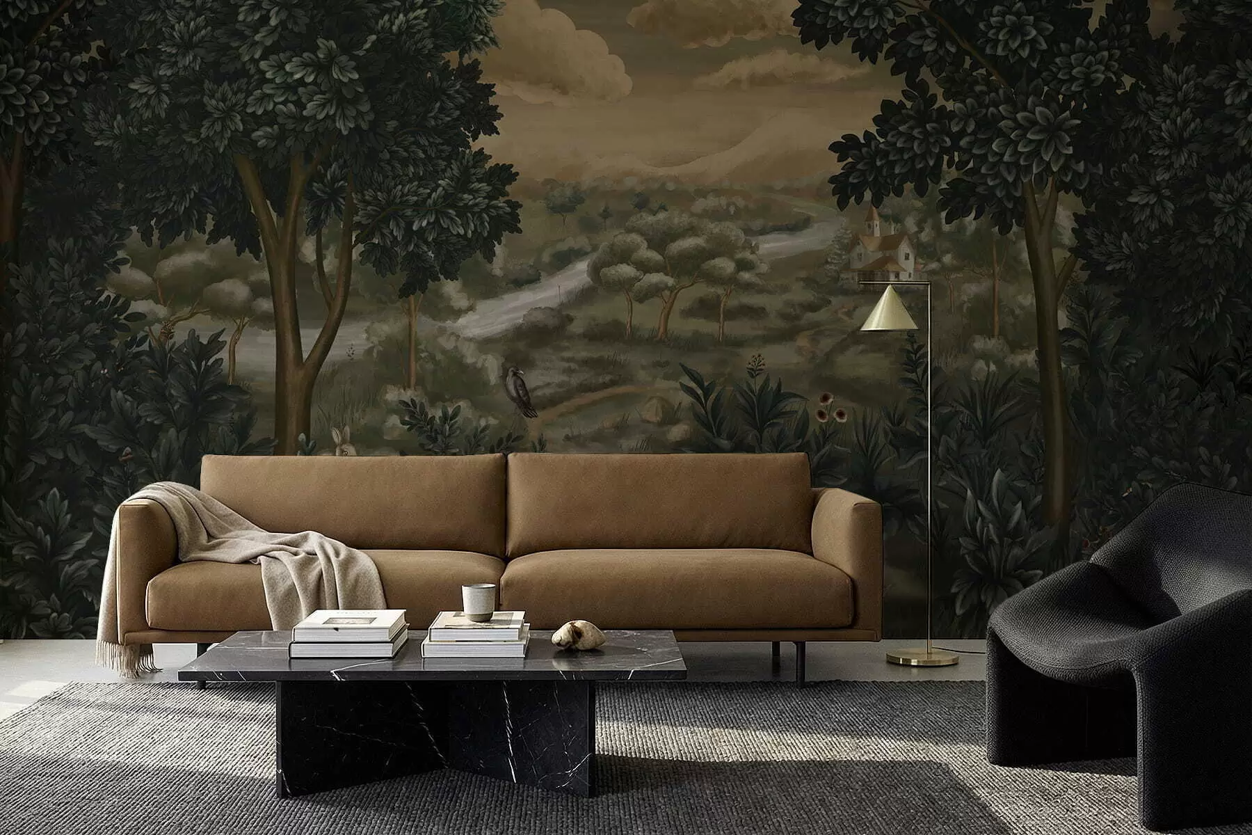murales de pared Paisaje fantástico con río, casa y pájaros entre los árboles. w05090