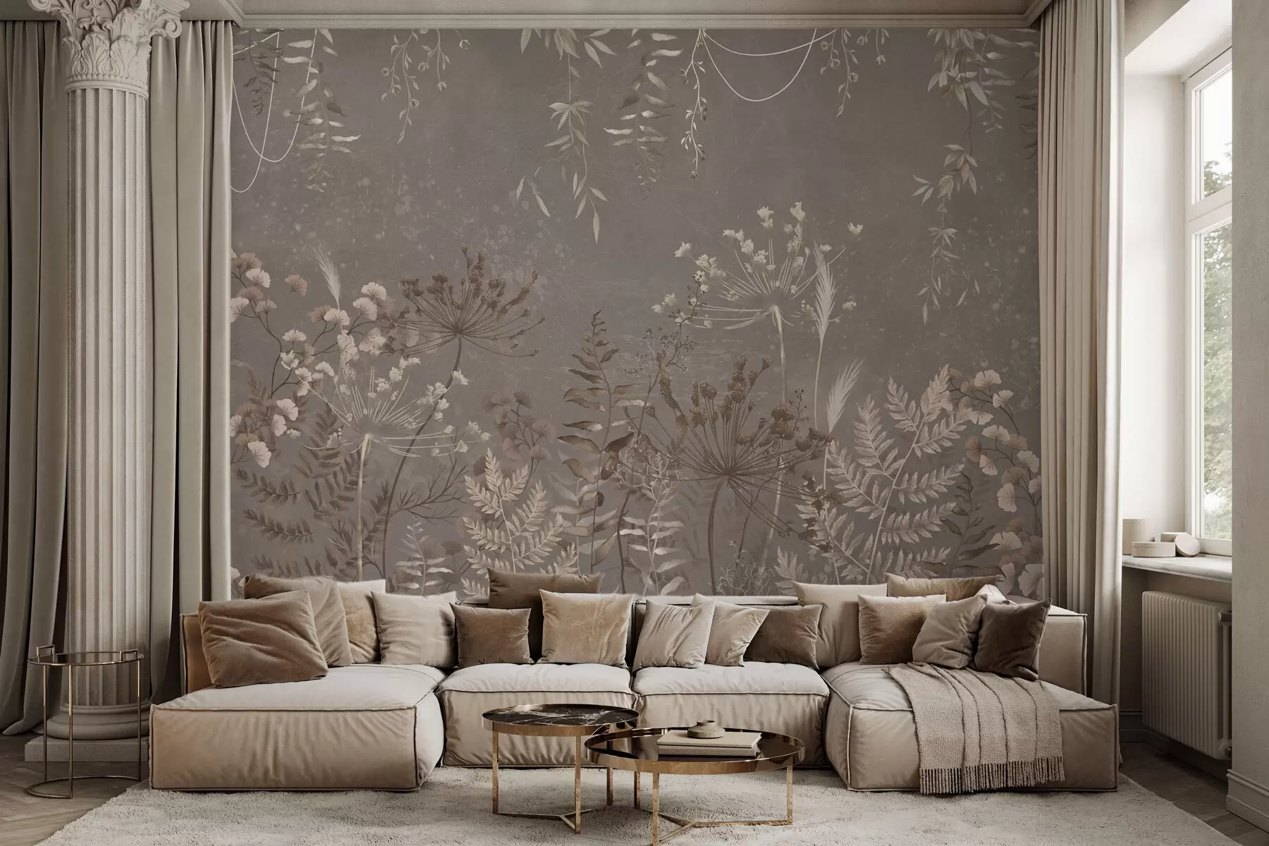 murales de pared Diseño botánico ligero con flores y hojas. w05092v1