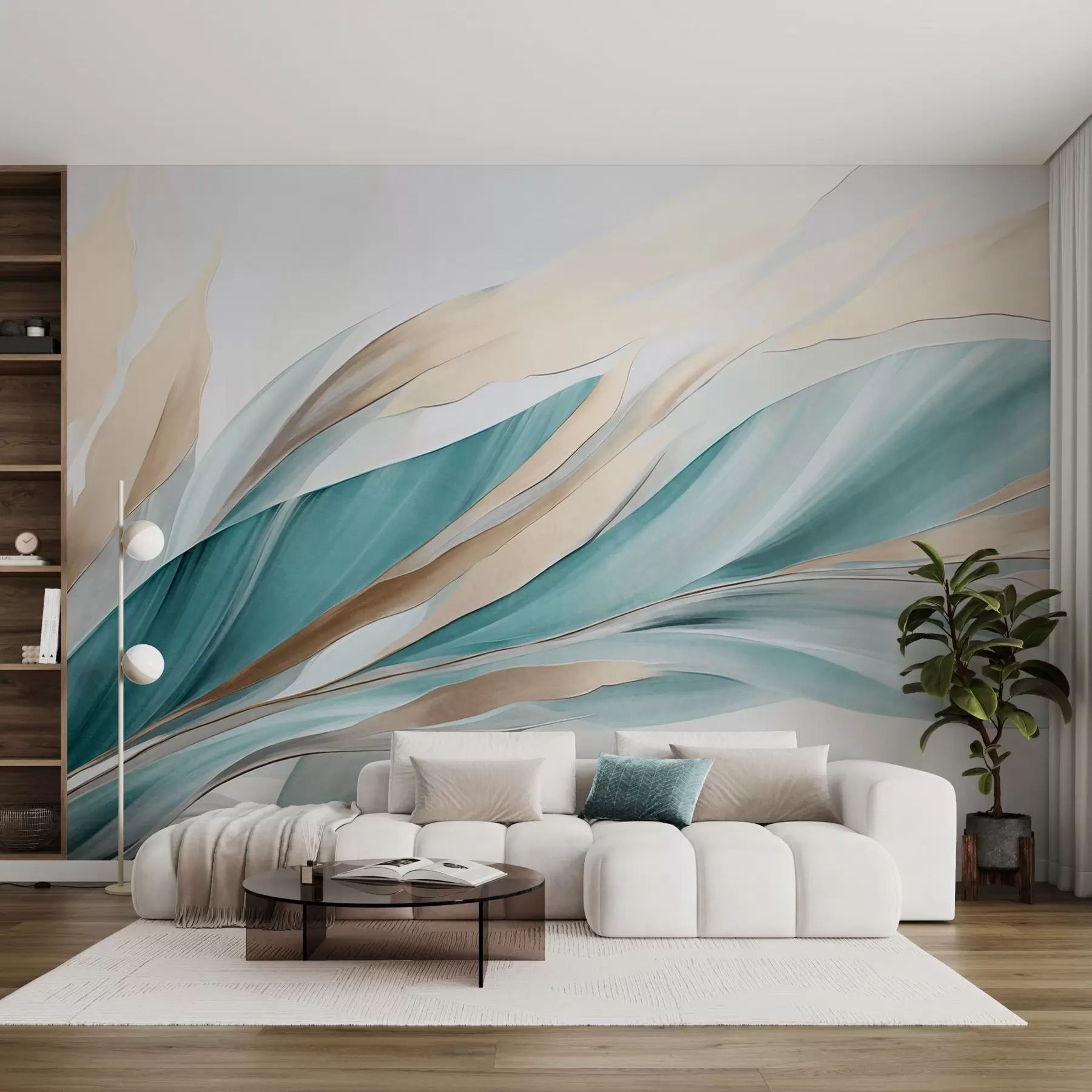 murales de pared Ondas abstractas fluidas de color verde azulado y amarillo, con formas y líneas finas, sobre un fondo blanco, arte texturizado. w09585