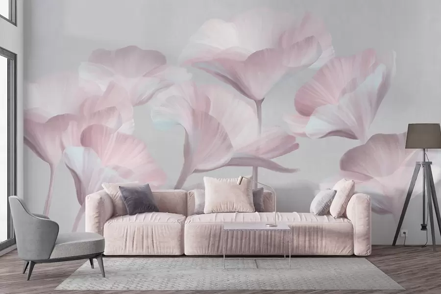 murales de pared Flores de loto translúcidas de color rosa pálido con pétalos delicados sobre un fondo gris apagado. w09640v1
