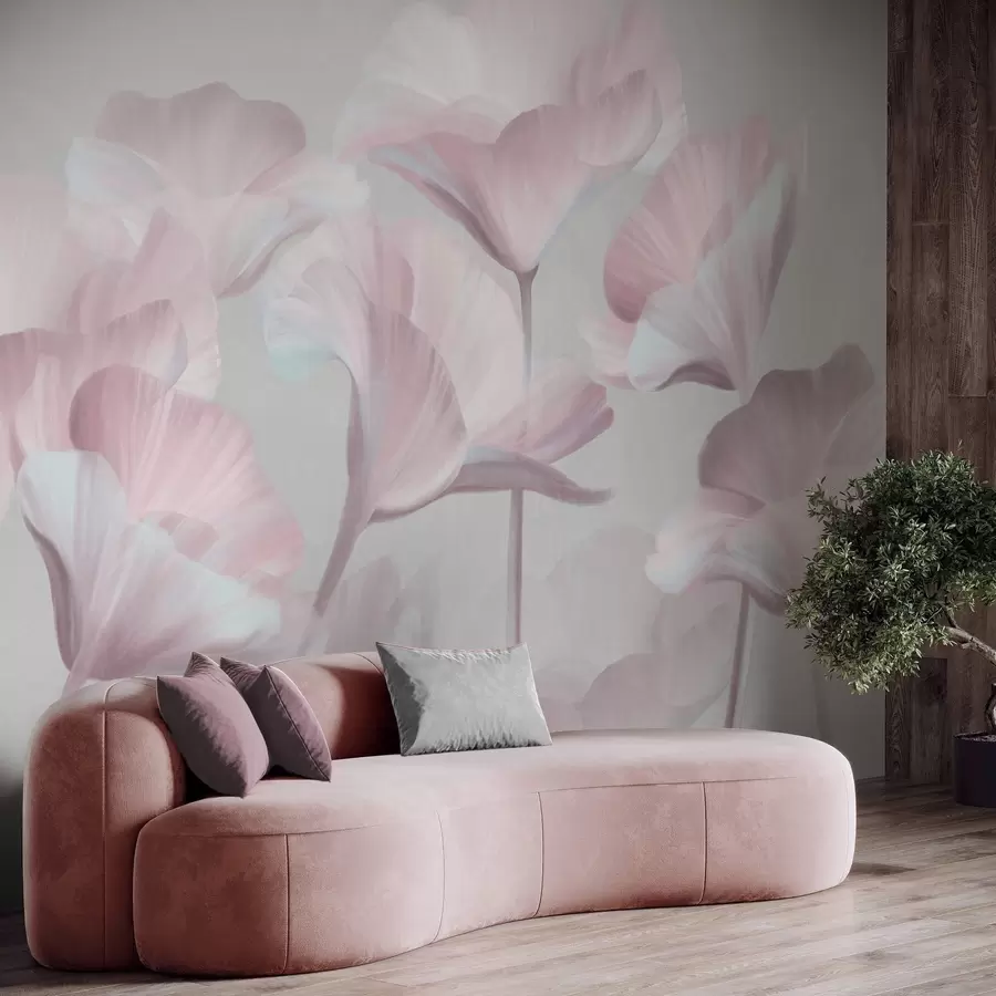 murales de pared Flores de loto translúcidas de color rosa pálido con pétalos delicados sobre un fondo gris apagado. w09640v1
