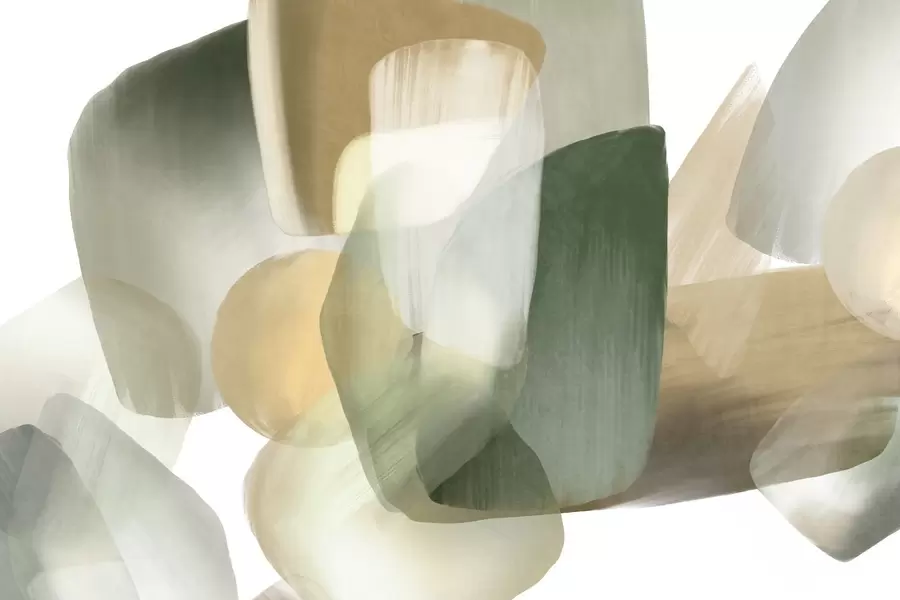 murales de pared Formas abstractas con textura en colores verde y beige apagados, con bordes suaves y capas superpuestas. w09642