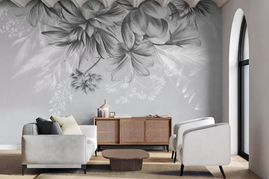 murales de pared Flores y helechos texturizados en tonos gris oscuro y blanco sobre un fondo gris apagado, estilo de dibujo. w09644v1