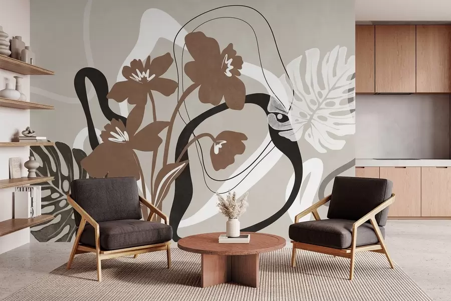 murales de pared Flores marrones abstractas con textura y formas blancas y negras sobre fondo beige, arte minimalista. w09645v1