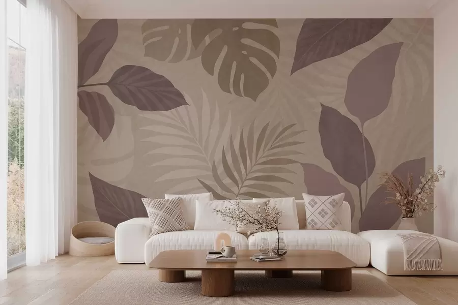 murales de pared Hojas tropicales texturizadas sobre fondo arenoso. w05063