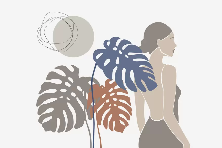 murales de pared Silueta de una mujer cerca de hojas tropicales w05192