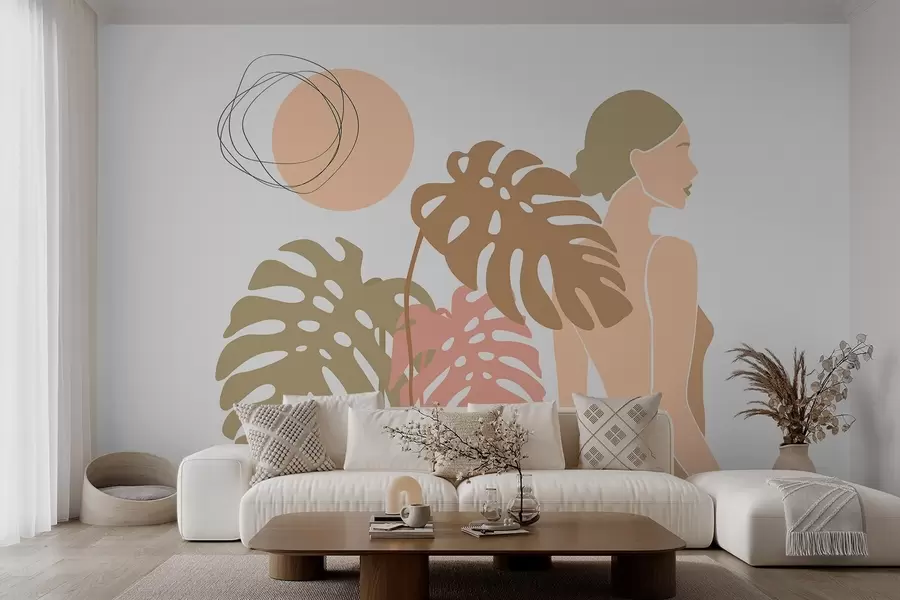 murales de pared Silueta de una mujer cerca de hojas tropicales w05192v1