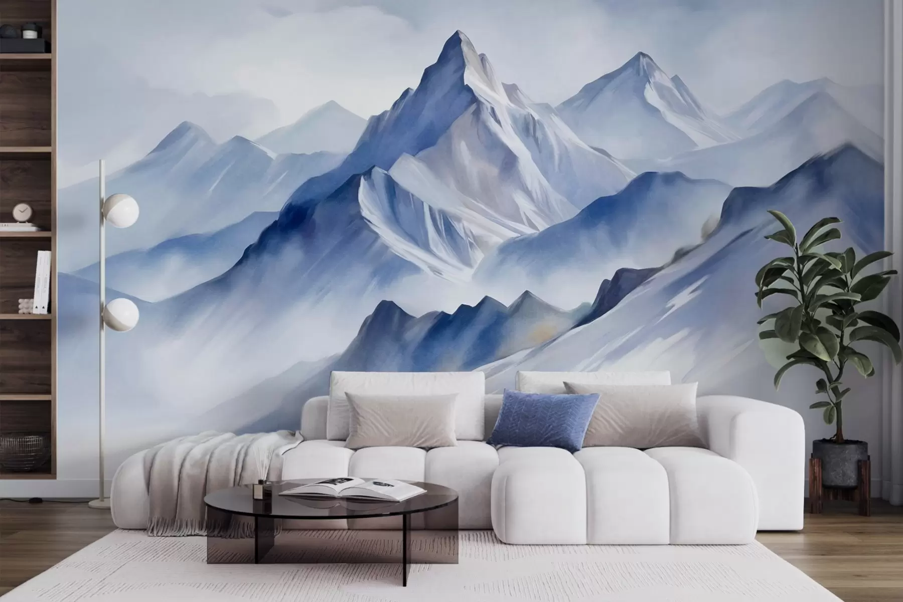 murales de pared Montañas nevadas con textura, un suave efecto acuarela y una paleta de colores azul y blanco. w09630
