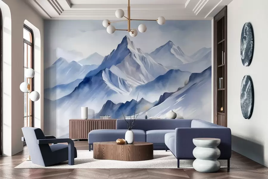 murales de pared Montañas nevadas con textura, un suave efecto acuarela y una paleta de colores azul y blanco. w09630