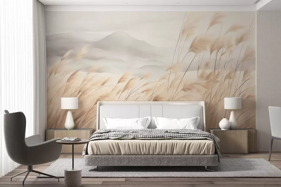 murales de pared Paisaje montañoso con textura, con hierba alta y seca bajo un cielo brumoso. w09649