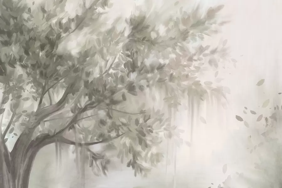 murales de pared Árbol texturizado con hojas y ramas de color verde claro, con un fondo suave y difuminado. w09650