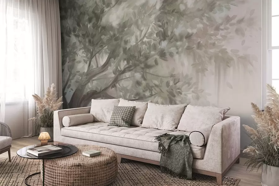 murales de pared Árbol texturizado con hojas y ramas de color verde claro, con un fondo suave y difuminado. w09650