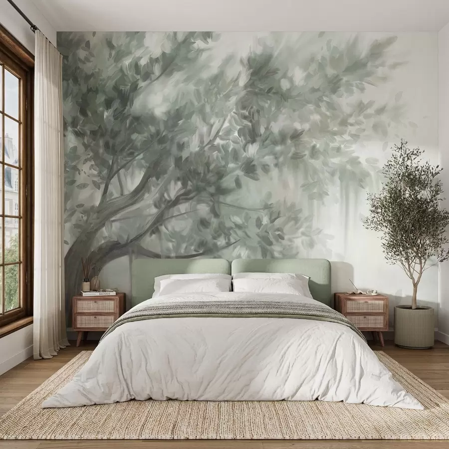 murales de pared Árbol texturizado con hojas y ramas verdes, con un fondo suave y difuminado. w09650v1