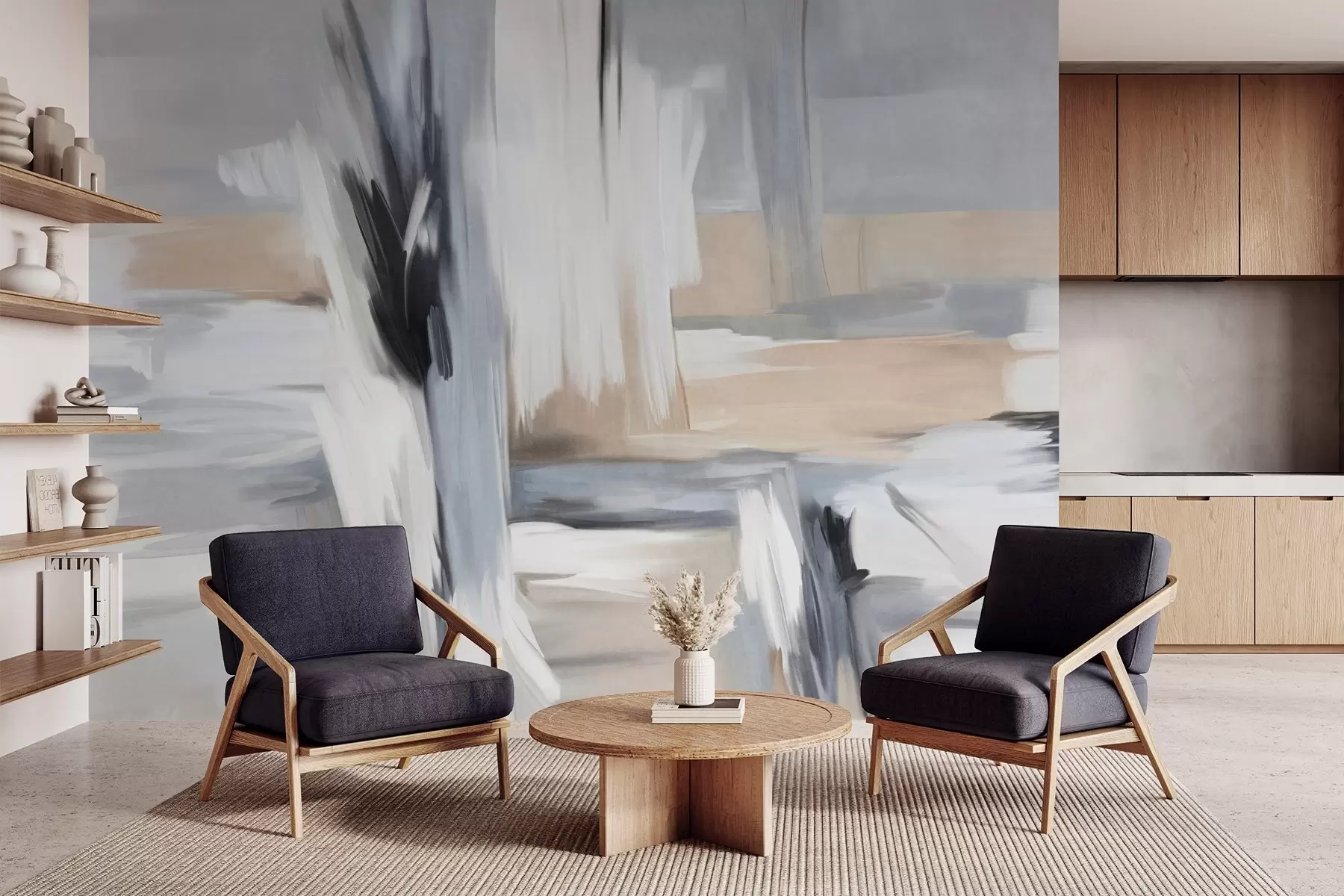 murales de pared Estilo pictórico abstracto con textura y pinceladas en tonos blancos, grises y beiges. w09651