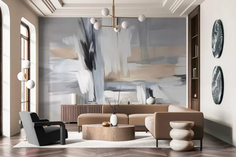 murales de pared Estilo pictórico abstracto con textura y pinceladas en tonos blancos, grises y beiges. w09651