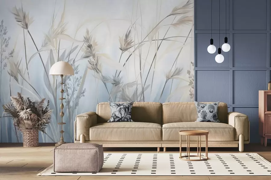 murales de pared Tallos altos y secos de hierba con puntas plumosas en tonos apagados, fondo azul y blanco suave y difuminado. w09652