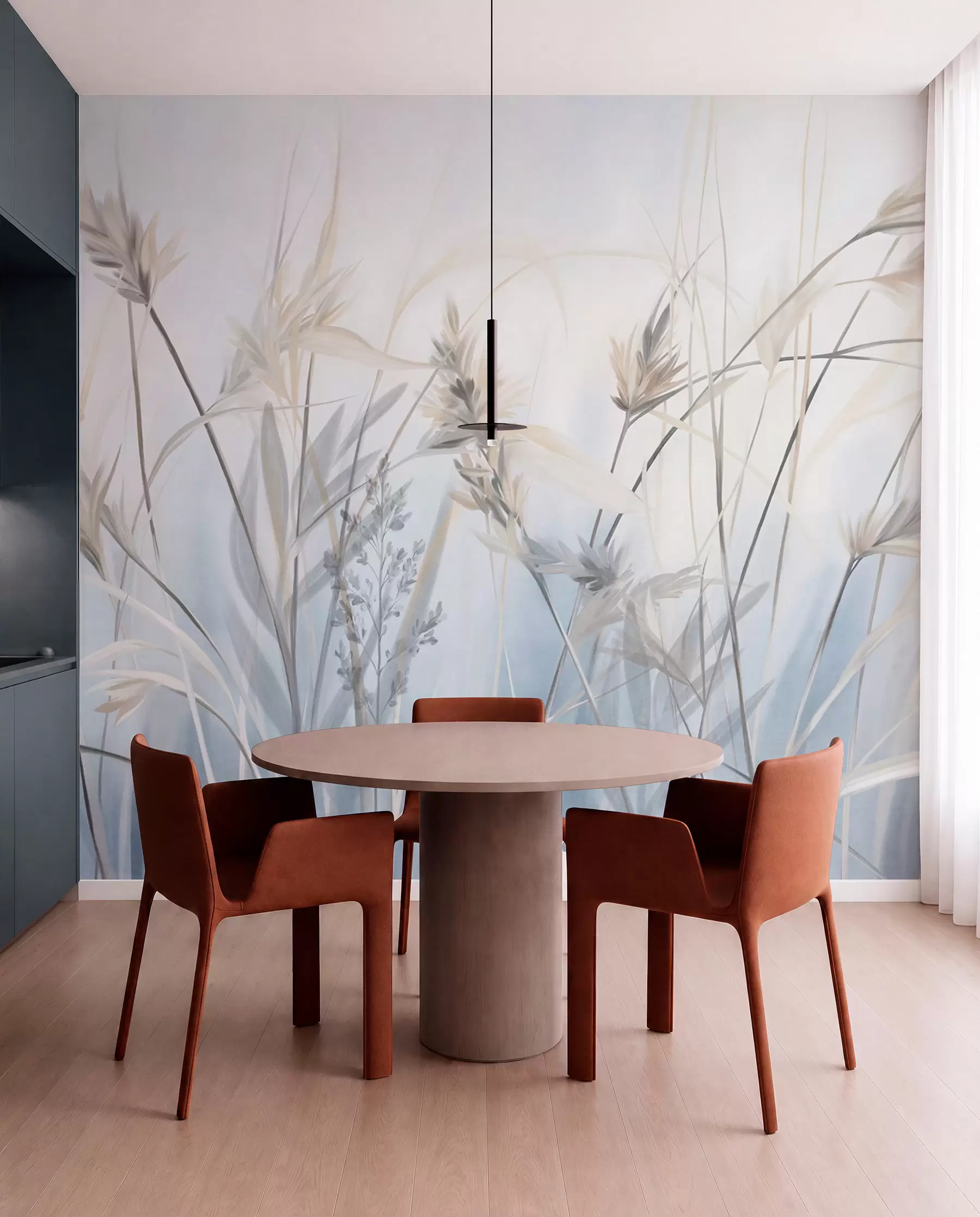 murales de pared Tallos altos y secos de hierba con puntas plumosas en tonos apagados, fondo azul y blanco suave y difuminado. w09652