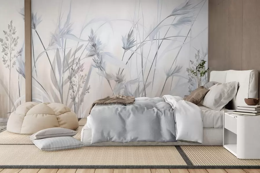 murales de pared Tallos altos y secos de hierba con puntas plumosas en tonos apagados, fondo blanco y beige suave y difuminado. w09652v1