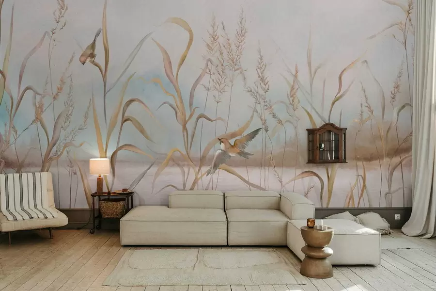 murales de pared Ilustración de juncos y pájaros junto al agua en tonos suaves. w05125