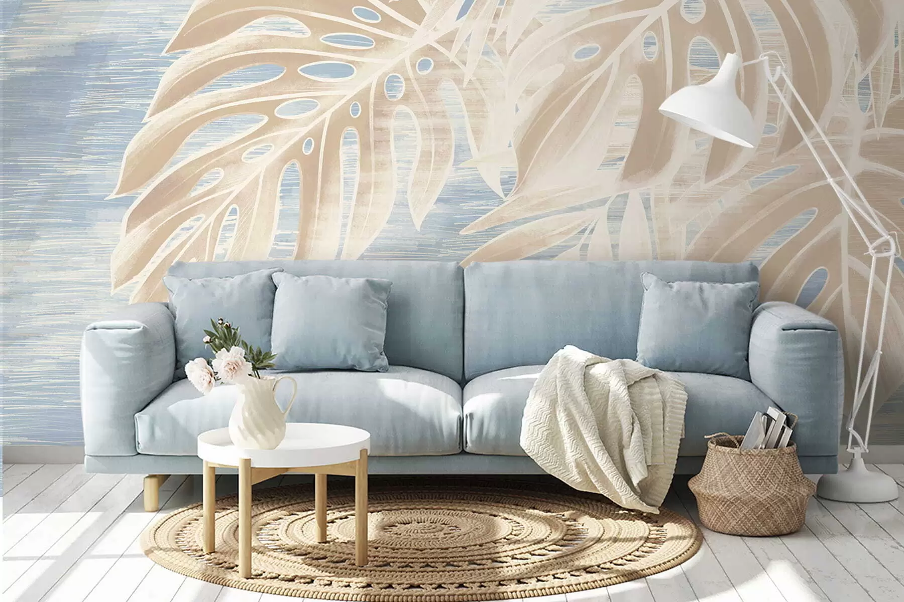 murales de pared Hojas abstractas en cálidos tonos beige sobre un fondo claro. w05130