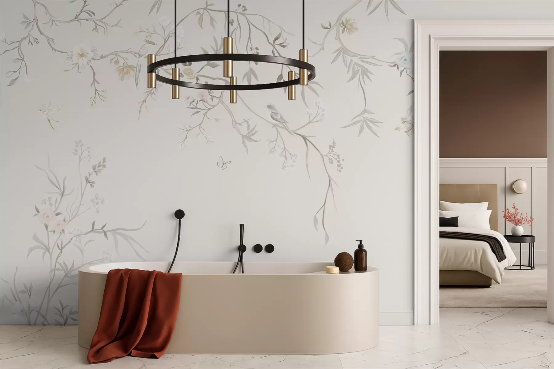 murales de pared Delicadas flores y pájaros sobre fondo de tiza. w05127