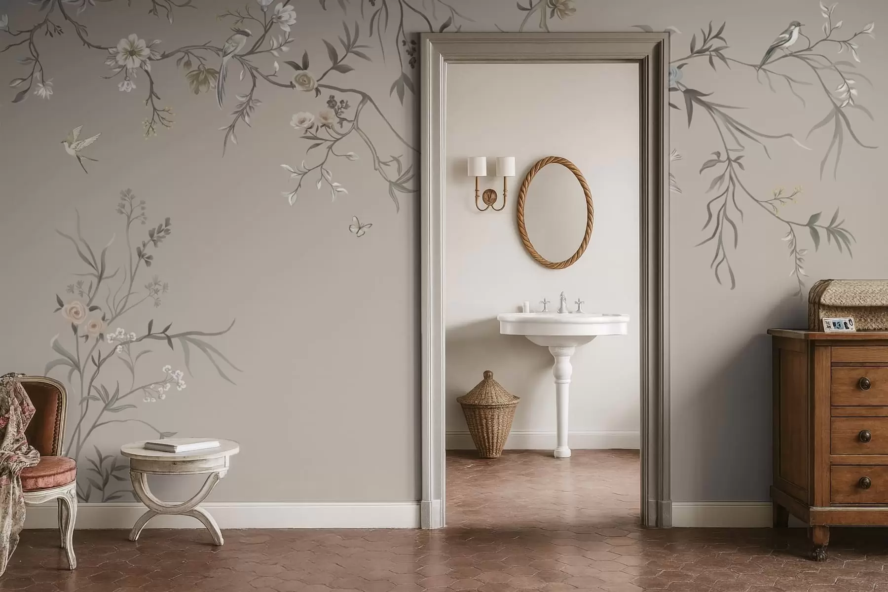 murales de pared Adorno floral con pájaros sobre fondo neutro w05127v3