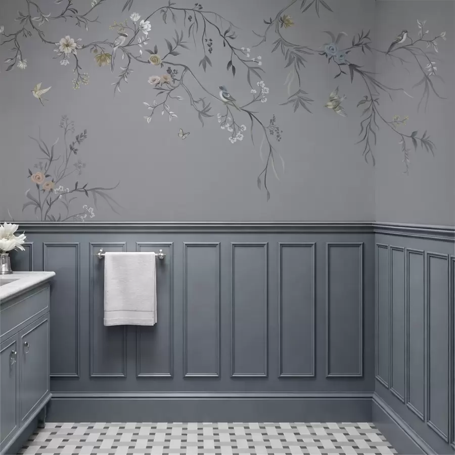 murales de pared Ramas florales con pájaros sobre fondo verdoso w05127v5