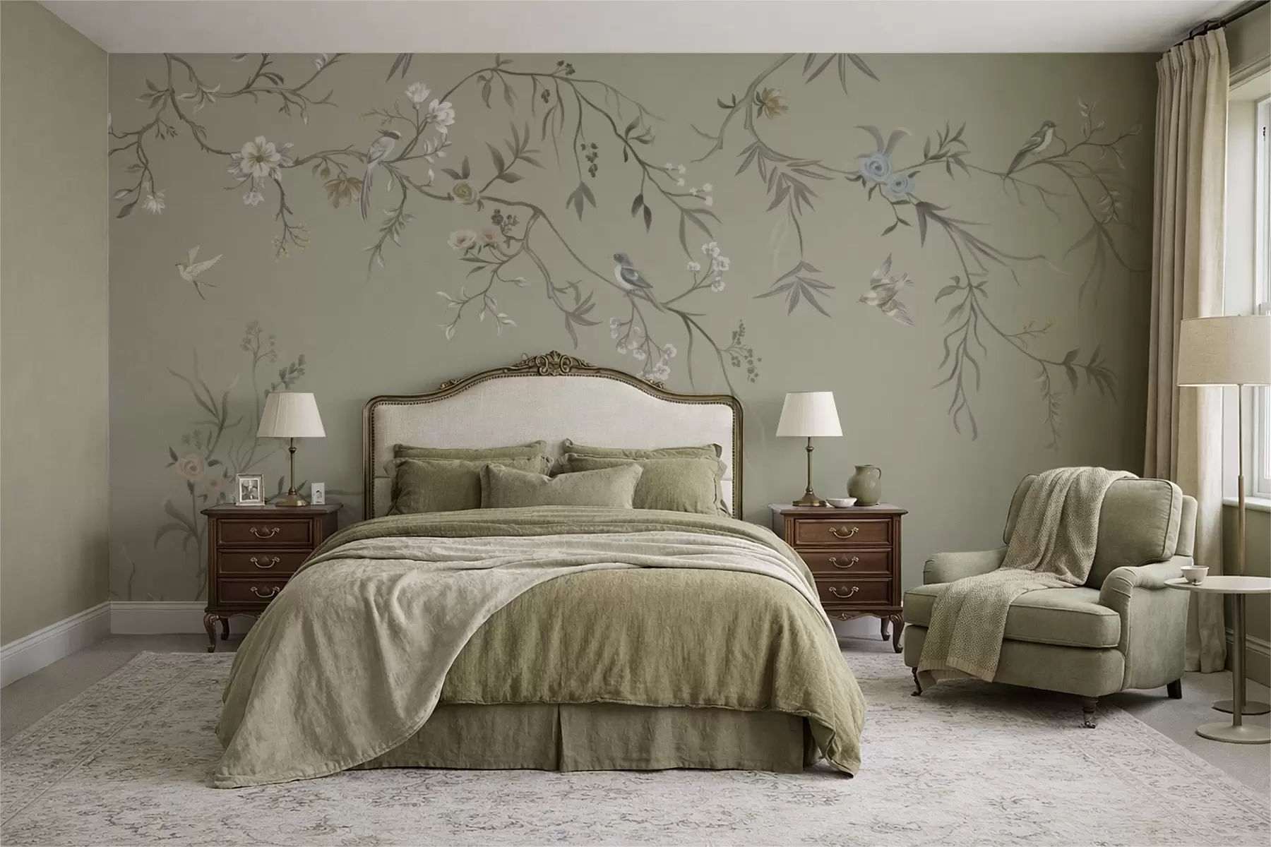 murales de pared Diseño floral con pájaros sobre fondo fresco w05127v6