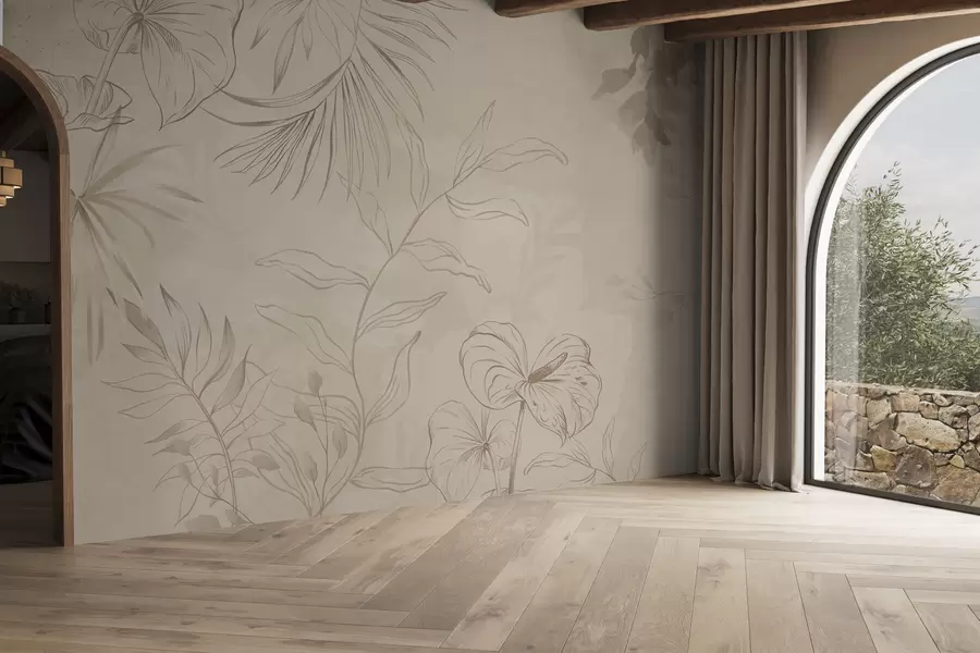 murales de pared Plantas lineales sobre fondo beige texturizado w05128