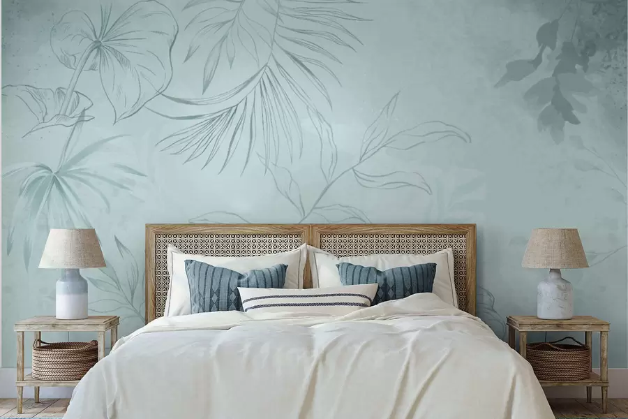 murales de pared Plantas lineales sobre fondo verde suave w05128v1