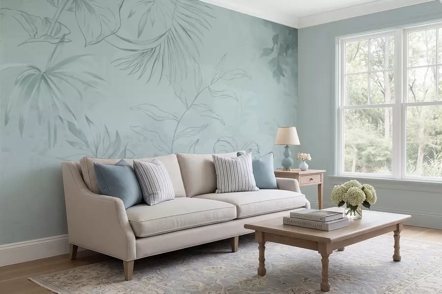 murales de pared Plantas lineales sobre fondo verde suave w05128v1