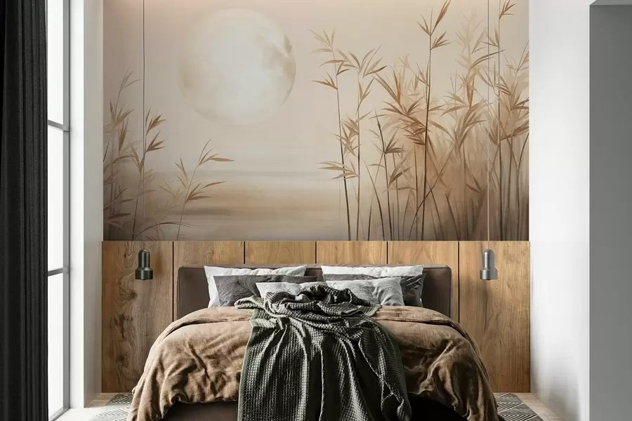 murales de pared Paisaje texturizado con altos juncos, lago y luna pálida en un cielo brumoso. w09631