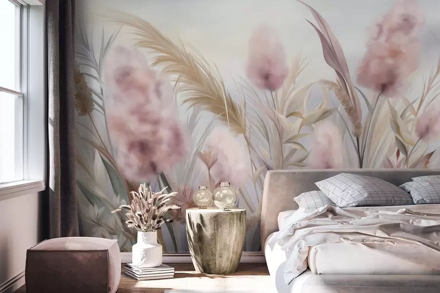 murales de pared Hierba de la pampa rosa y beige y otras flores secas con un cielo suave y brumoso al fondo. w09635
