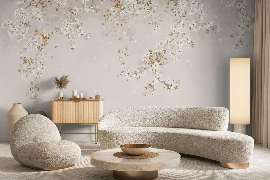 murales de pared Ramas con flores blancas sobre un fondo beige suave. w05129