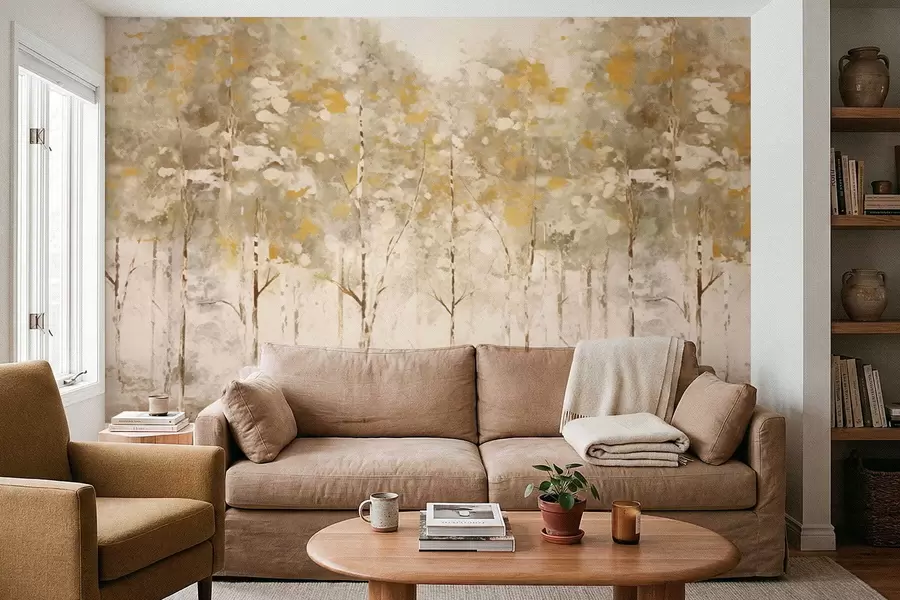 murales de pared Bosque estilizado con árboles esbeltos en tonos cálidos. w05221