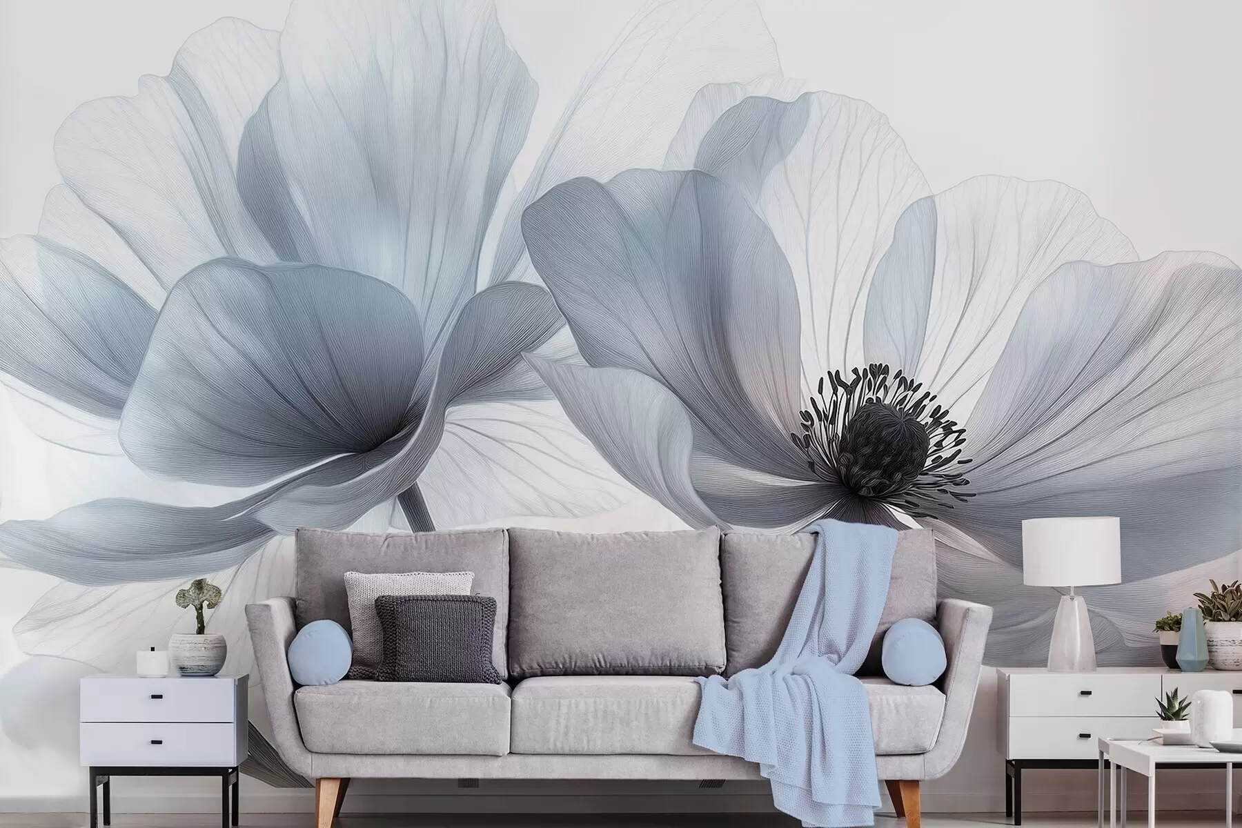 murales de pared Flores translúcidas de color blanco azulado sobre un fondo claro. w09720