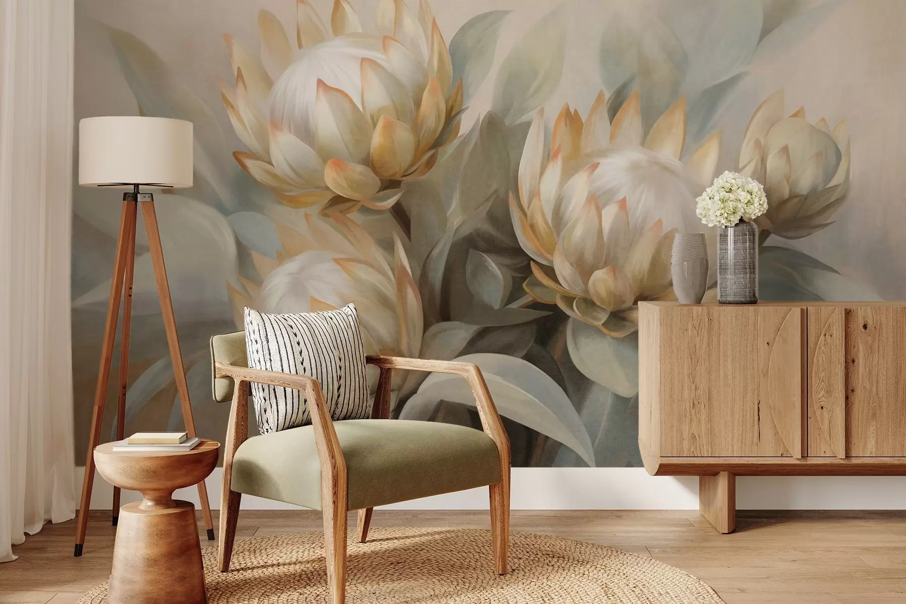 murales de pared Flores de protea con textura, hojas verdes y un fondo suave y difuminado. w09738